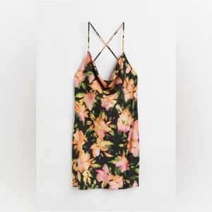 Floral Cowl Neck Slip Dress - Black with Pink & Peach Flowers
